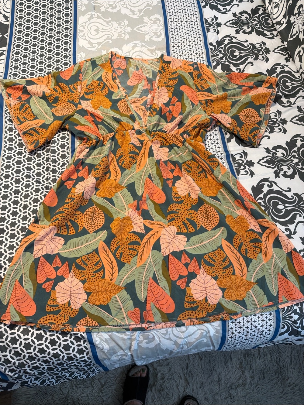 Women's Tropical Leaf Print V-Neck Dress in Olive and Orange